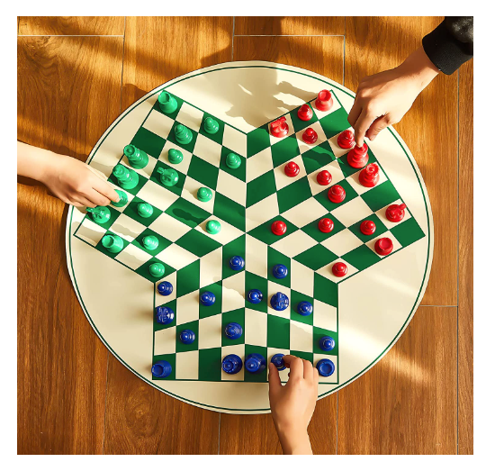 Three Player Chess Set Combination 48 Pieces Chess Playing Pieces Colored 3D Chess Single Weighted Regulation Chess Pieces and 24 Inches PU Leather Chess Board Three Player Board Games for Adults Game